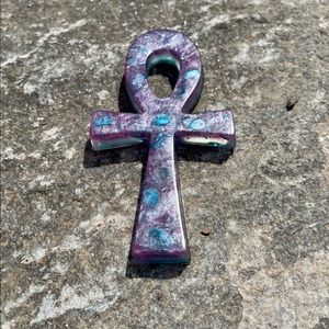 Purple Ankh glass art, Handmade Glass Art, Home Decor, Beach Crushed Shells